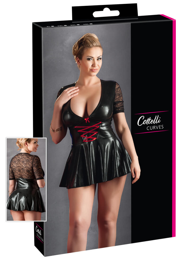 Cottelli Plus Size - lesklé šaty s červeným šněrováním (černé)XXXXL Cottelli Plus Size - lesklé šaty s červeným šněrováním (černé)XXXXL