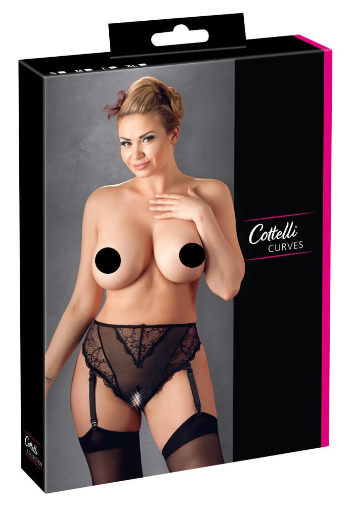 Cottelli Plus Size - krajkové kalhotky s podvazky (černé)XL