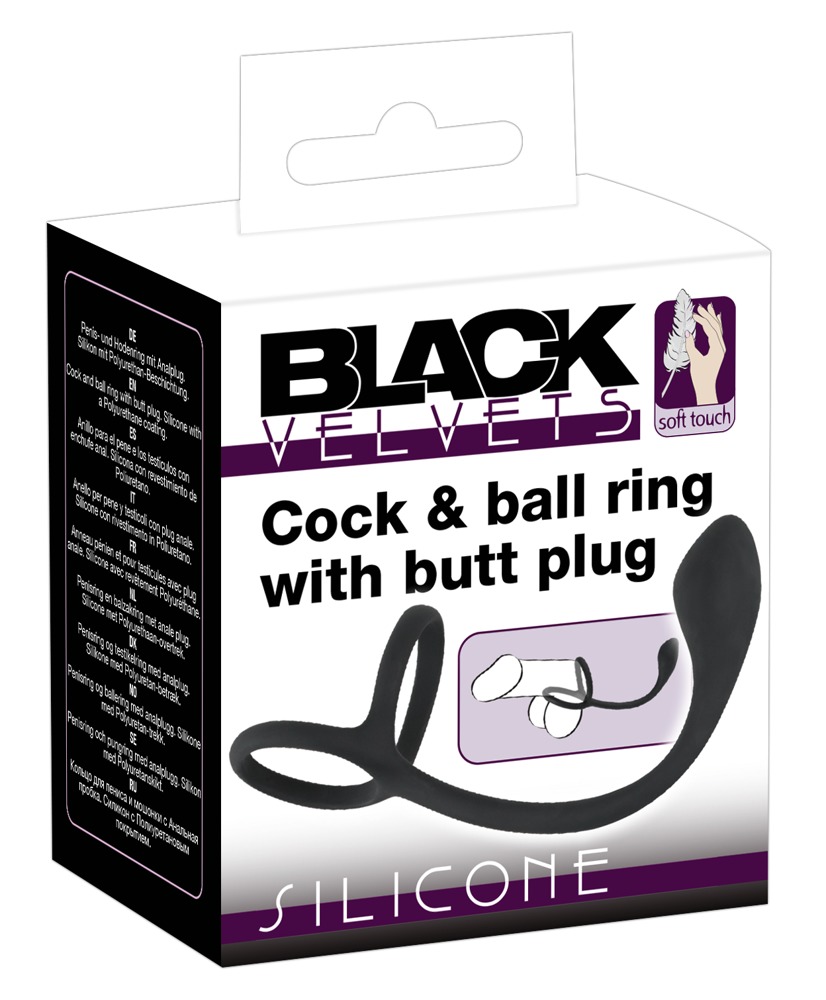 Levně Black Velvets Cock & Ball Ring + Plug Slim