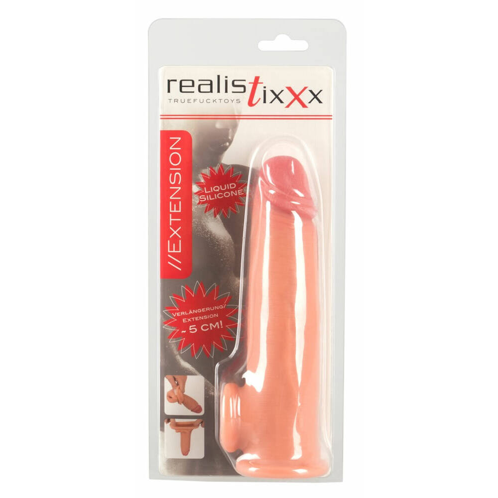 Levně Realistixxx - prodlužující návlek na penis s kroužkem na varlata - 19cm (tělová barva)