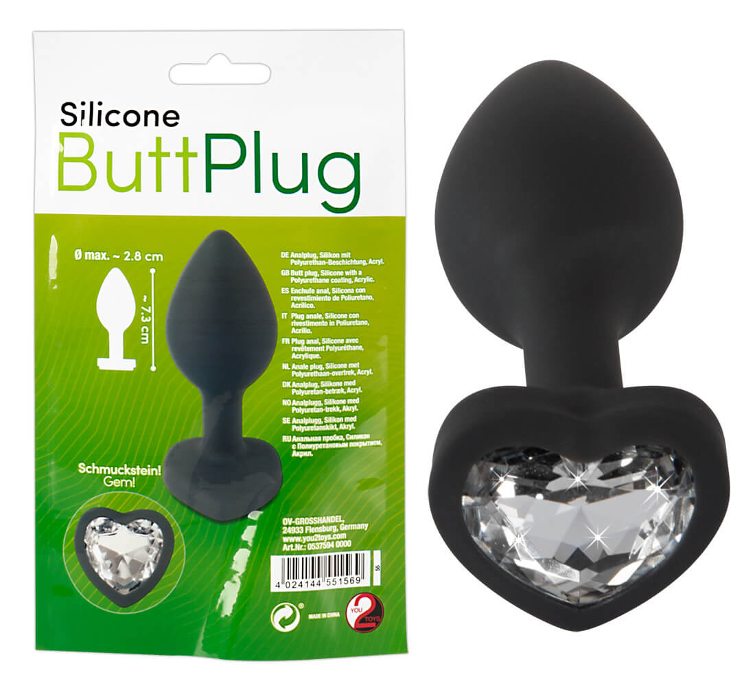 Levně You2Toys Silicone Butt Plug - anální dildo ve tvaru srdce s bílým kamínkem (černé)